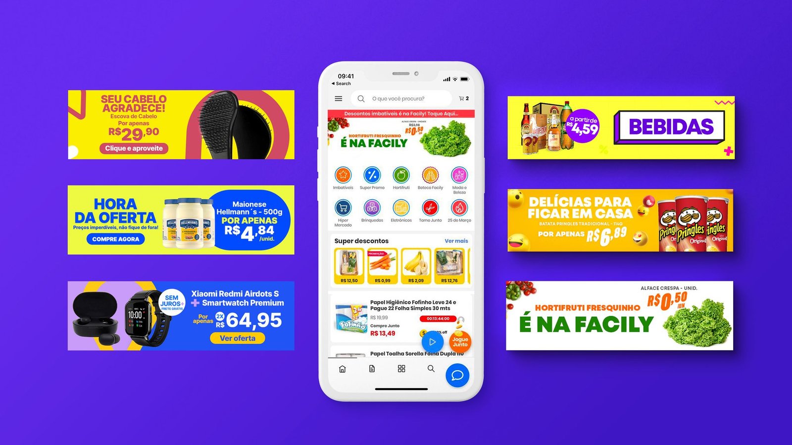 Banners de ofertas de beleza, bebidas, alimentos e eletrônicos aplicados no aplicativo Facily