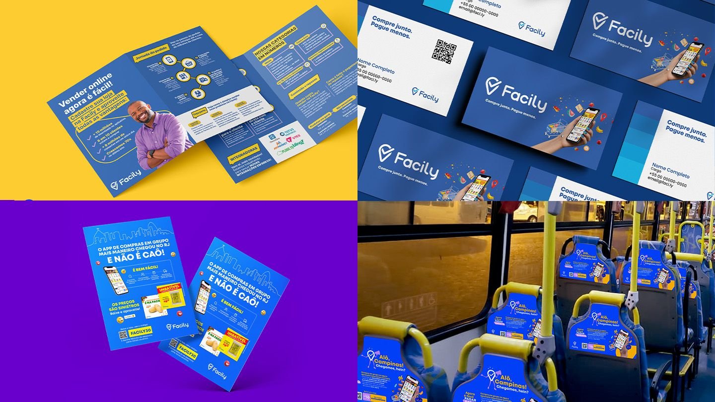 Folder para lojistas, cartões de visita, flyers e aplicação da campanha Facily em ônibus
